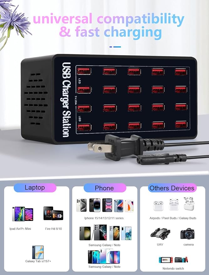 Charging Station, 100W20Port USB Charging Station, Multiple USB Charger Station, Charging Station for Multiple Devices, Multi USB Charging Station, Chargers for Multiple Devices, black