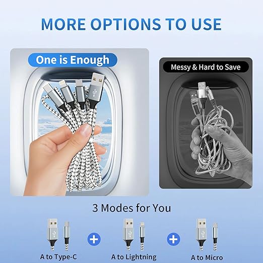 Multi Charging Cable, (2 Pack 4FT) Multi USB Charger Cable 3 in 1 Charging Nylon Braided Fast Charging Cord with Type-C, Micro USB, IP Port for Most Phones/iPhones/Tablets