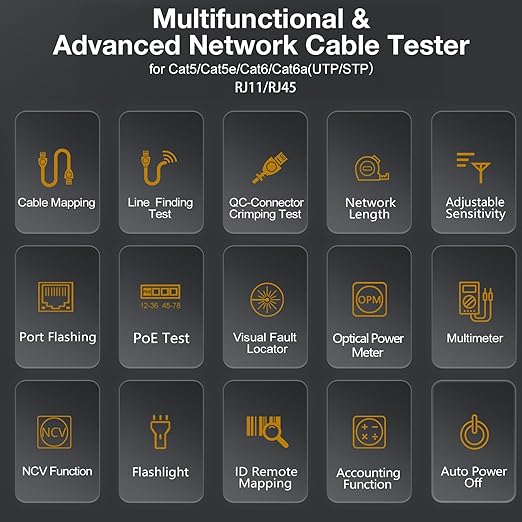 11 In 1 Network Cable Tester with 60000 Digit Multimeter 7 Wavelengths OPM 10Km/10mW VFL 600M Measurable Length 100 Records Tool Kit for CAT5 CAT6 Telephone Ethernet RJ11 RJ45 PoE Wire Tracer NCV,Blue