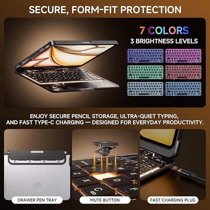 Transparent Case with Keyboard for iPad 11th Gen 11 Inch.(A16, 2025) & 2022 iPad 10th Gen 10.9 Inch,7-Color Backlit,Wireless Keyboard, 360°Rotating,with trackpad,Pencil Holder,with Shortcuts,black
