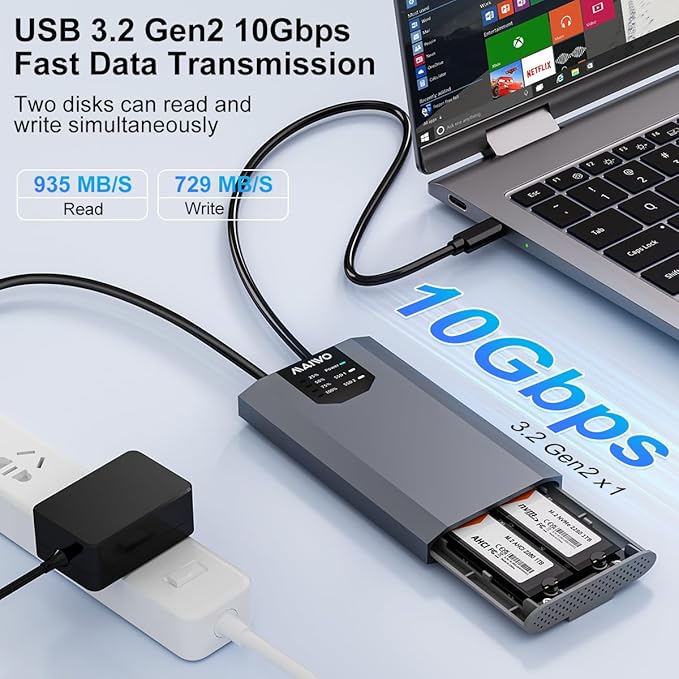 MAIWO Dual NVMe Clone SSD Enclosure, USB3.2 GEN2X2 10Gbps,Support AHCI to NVMe Clone, M.2 Duplicator Cloner for SSDs Sizes 2230/2242/2260/2280 with Indicator Light
