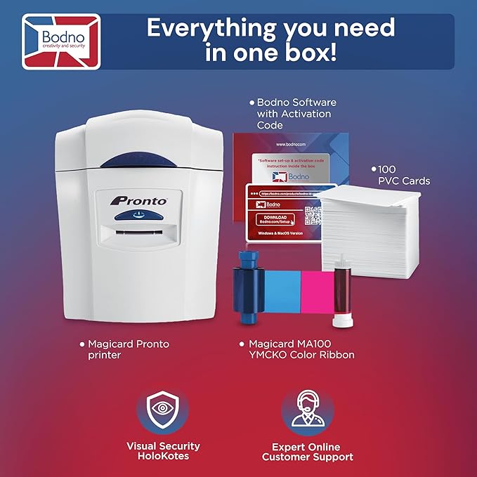 Bodno Magicard Pronto ID Card Printer & Complete Supplies Package ID Software - Bronze Edition
