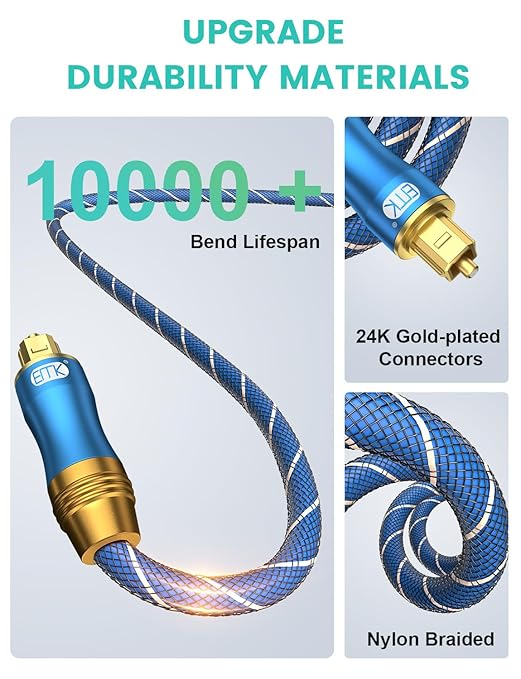 EMK Digital Optical Audio Cable Fiber Optical Toslink Cable SPDIF Audio Cable Male to Male Cord for Home Theater, Sound Bar, TV, PS4, Xbox, PlayStation & More (10Feet/3M)