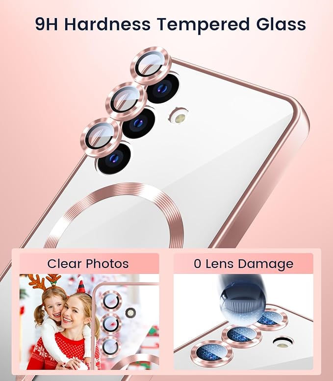 Slim Thin for Samsung Galaxy S25 Plus Case, Compatible with MagSafe, Built-in Camera Lens Protector, Shockproof Protective Phone Case, Soft Electroplated Clear Cover, Rose Gold