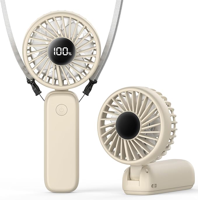 PANERGY Portable Handheld Fan, 5000mAh Rechargeable, 14H Max Cooling Time, 4 Gear Wind & LED Display, 90° Foldable Design, 3-IN-1 Mini Fan for Travel Working Concerts Makeup - Beige