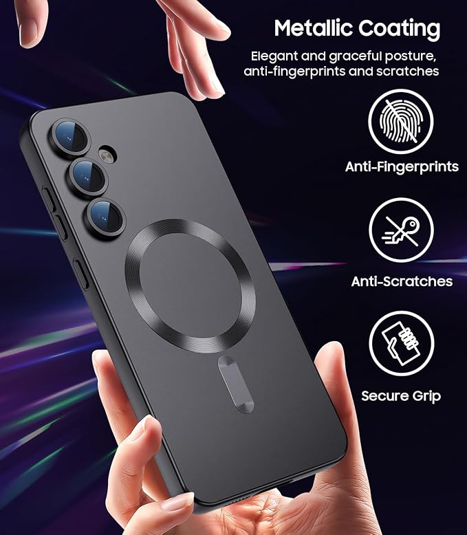 Magnetic for Samsung Galaxy S24 Case [Compatible with MagSafe][Built-in Camera Lens Protector] Slim Soft Silicone Bumper Shockproof Metallic Luster Phone Case (Black)