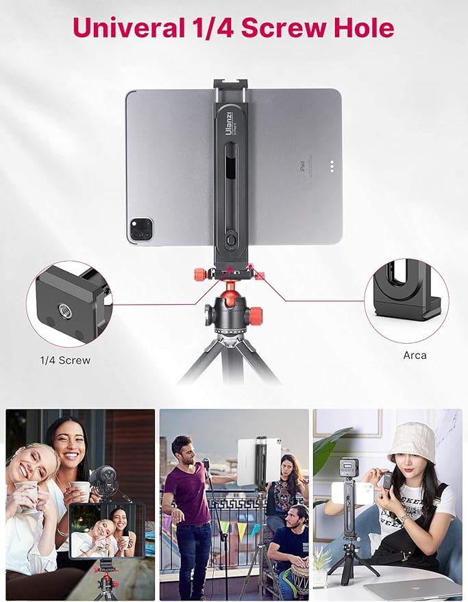 ULANZI iPad Phone Tripod Mount Adapter with Cold Shoe, Universal Smartphone Tablet Holder for Tripod with Arca Quick Release Plate 1/4'' Screw Mount, Compatible for iPhone iPad Surface Pro and More