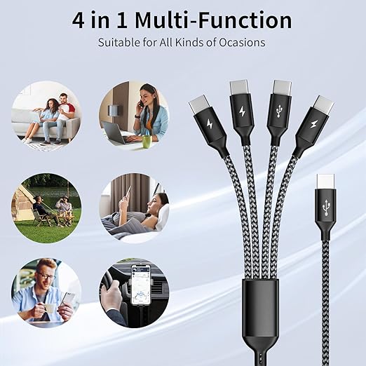 USB C Splitter Multi Charging Cable, Dual Type C Charger Cord,4 in 1 Multiple Nylon Braided Cable with 4 Type-C Connectors Compatible with iPhone 15 Pro Max/Samsung Galaxy/Tablets/Google-1Pack 5FT.