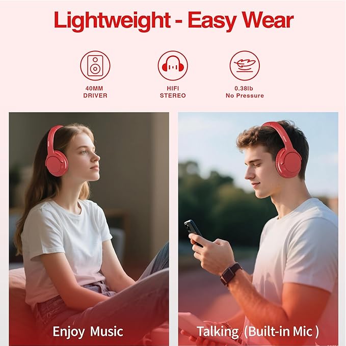 MIDOLA Bluetooth Headphones Over Ear 68H Playtime 6 EQ Wireless Headset with Microphone HiFi Stereo Foldable Lightweight Deep Bass for Travel Home Office Cellphone Red