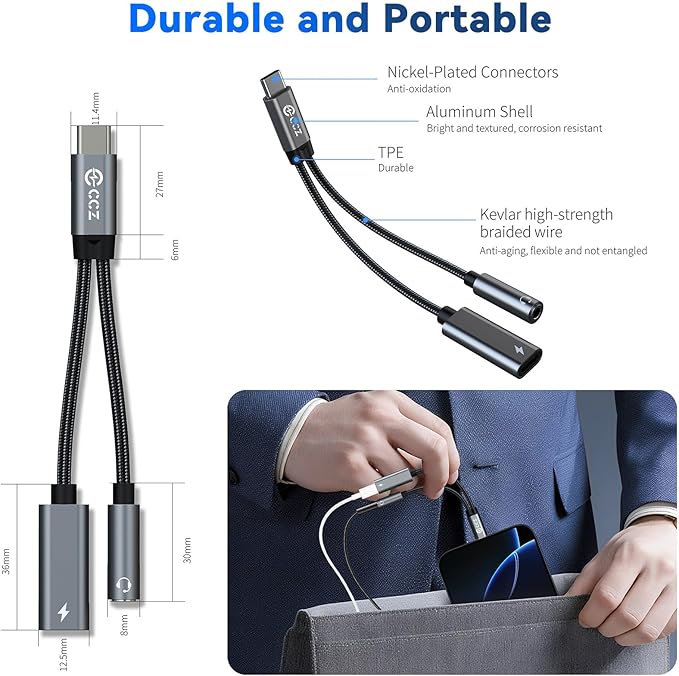 3PCS USB C Splitter for KZ ZS10 PRO, CCZ CA01 USB C to 3.5mm Audio Headphone and Charger Adapter, Type C Headphone Splitter 1 in 2 Out, Dongle Audio Cable DAC for Samsung Galaxy S25/S24 (USBC-3.5MM)