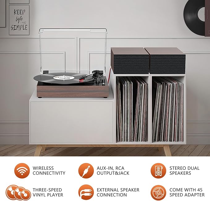 Vintage Record Player for Vinyl with Dual Separate Stereo Speakers Turntable BT Wireless Input Playback Belt Drive 3 Speed 3 Size Playback Record Player Support AUX Headphone Input RCA Out Auto Stop