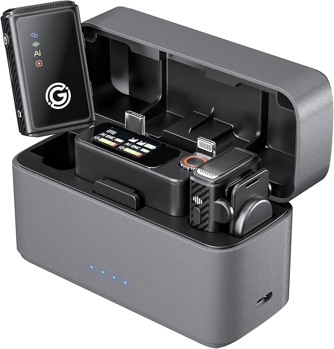 Wireless Microphone, AI Noise Cancelling with 56H Battery, 656ft Range & Wind Muff for iPhone/Android/Camera, Magnetic Clip-On for Streaming/Vlog/Interview