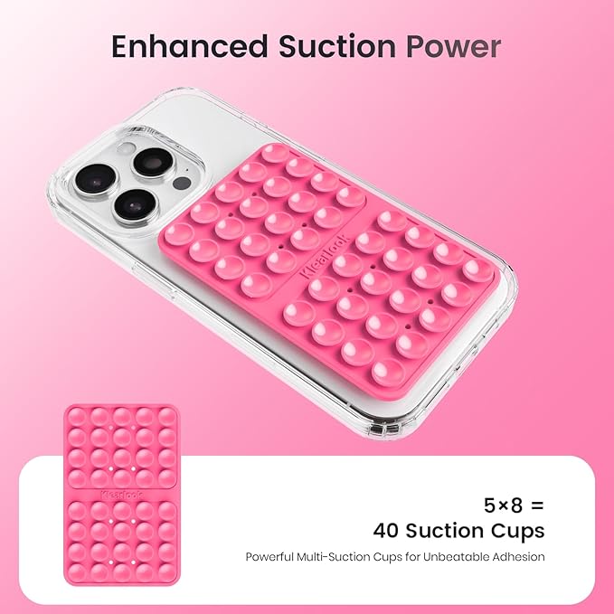 2PCS Silicone Suction Cup Phone Case Mount Double Sided, Hands-Free Phone Accessories Holder for Selfies and Videos, Silicon Sticky Phone Grip for iPhone and Android, Transparent&Hot Pink