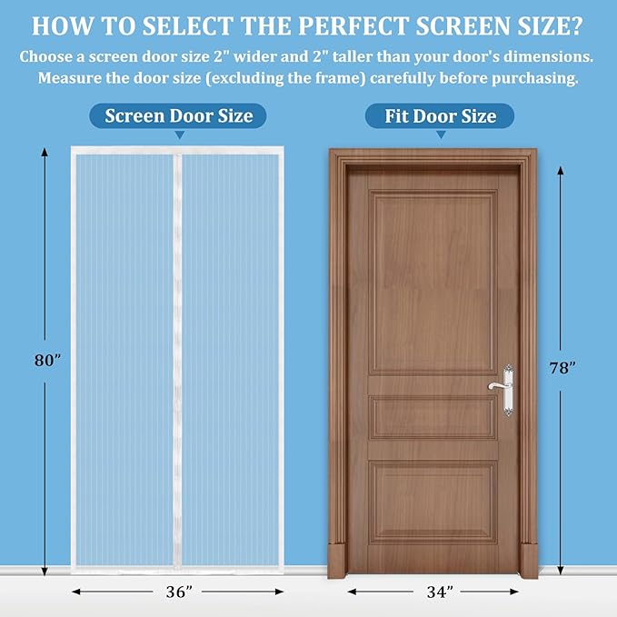Magnetic Screen Door - Self Sealing, Heavy Duty, Hands Free Mesh Partition Keeps Bugs Out Let Breeze in- Pet and Kid Friendly - Keep Open Feature (White, Fit Door Size 34 x 78 Inch)