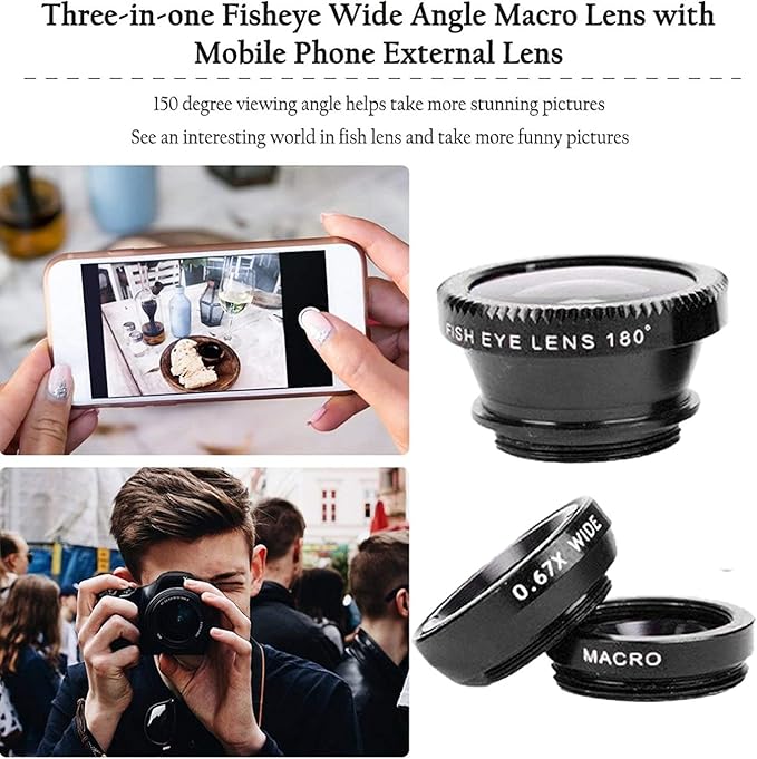 Silver 3 in 1 Cell Phone Camera Lens Kit Wide Angle Macro Fisheye Lens Universal for Smart Phones iPhone Samsung Android(Silver)
