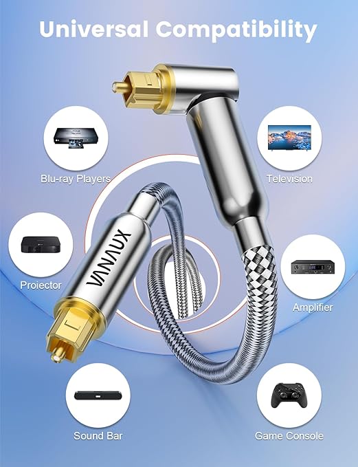 VANAUX 90-Degree Optical Audio Cable 6FT,Premium Fiber Optic Toslink Cable(24K Gold-Plated Connectors,Aluminum Alloy Shell,Braided Jacket)Ideal for Tight Spaces,Home Theater,Soundbars,Gaming Consoles