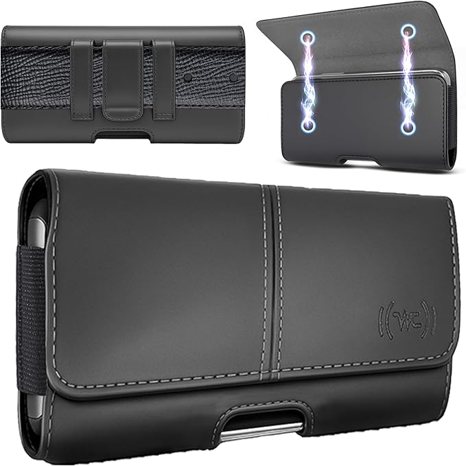Leather Phone Holster for Men, Horizontal Cell Phone Case, Fits iPhone 17/17 Pro 16/16 Pro 16e 15/15 Pro 14/14 Pro 13/13 Pro 12/12 Pro 11 XR, Belt Clip Phone Pouch Holder, Black Medium.