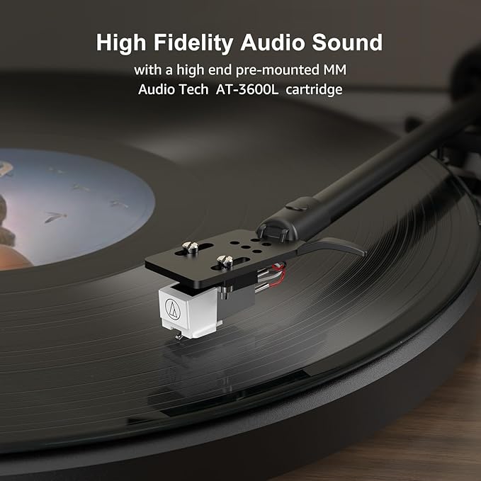 Vinyl Record Player Built in HiFi Stereo Speakers BT Wireless Input Belt Drive Iron Platter Turntables for Vinyls Records with MM Audio AT-3600L Cartridge Soft Warm Light Design Wooden Cream Brown