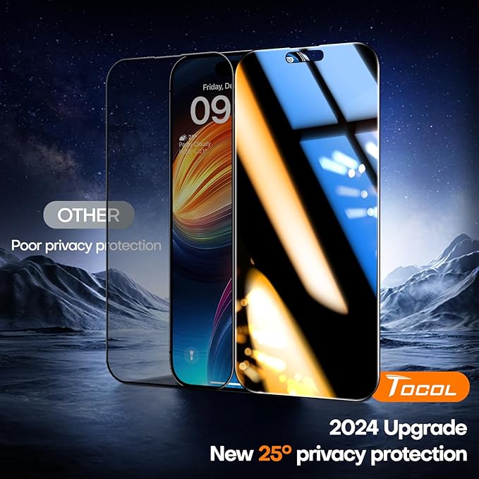 TOCOL for iPhone 15 Pro Max Privacy Screen Protector True 25°Anti Spy 9H+ Hardness Tempered Glass Full Coverage Easy Installation Anti Dust Plugs 2 Pack