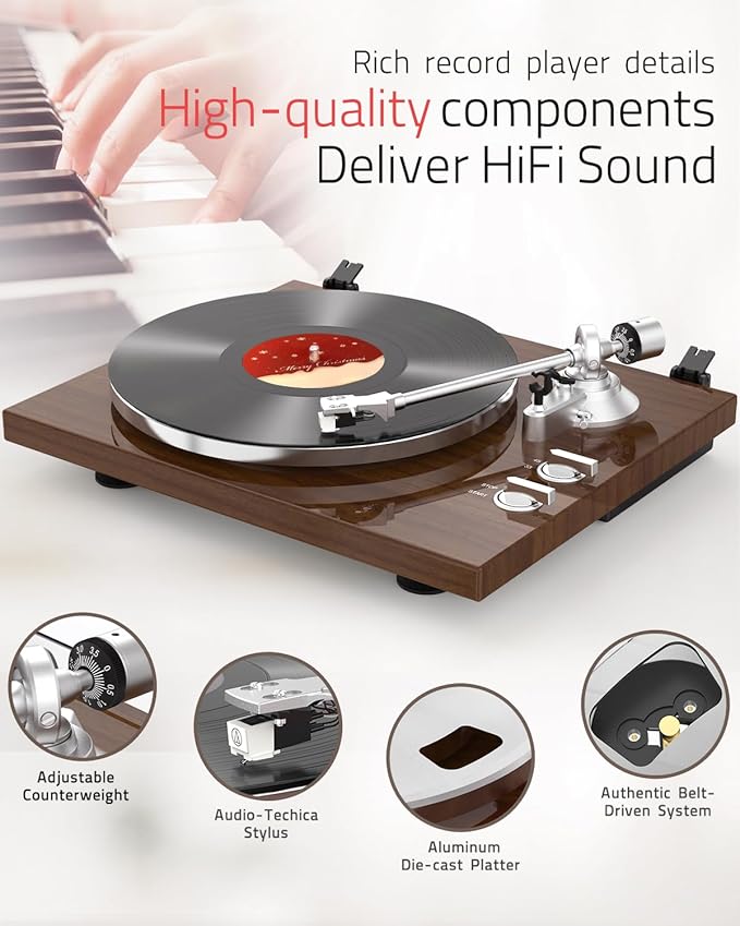 Record Player for Vinyls Turntables Wireless Output Connectivity Belt-Drive 33 45 RPM Speed Phono Line USB Digital to PC Recording MM Audio Cartridge Stylus Adjustable Counterweight Vintage Brown