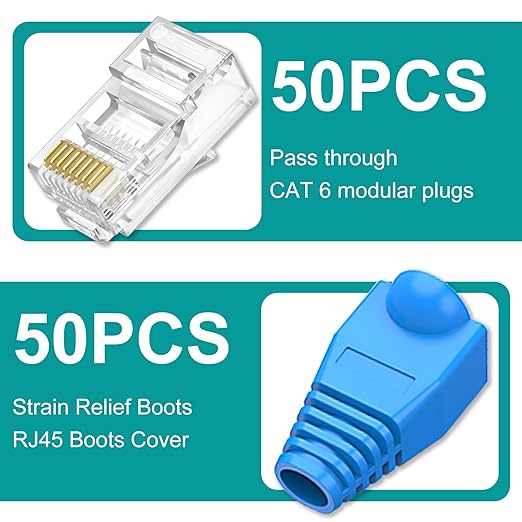 UTP RJ45 Connectors, Cat6 RJ45 Pass Through Plugs 50-Pack, Cat6 RJ45 Plugs with 50-Pack Strain Relief Boots for Solid or Standard Ethernet Cables, Transparent