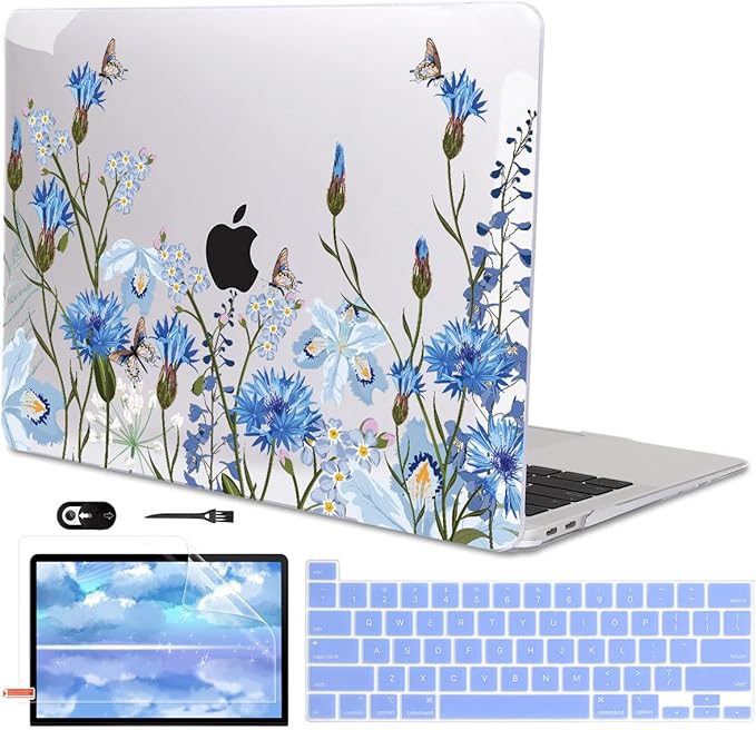 for MacBook Pro 13 Inch Case 2022 M2 2020 2021 A2338 M1 A2251 A2289 with Touch Bar & Touch ID, Plastic Hard Case Keyboard Cover Screen Protector Webcam Cover Brush, Tropical Blue Flowers