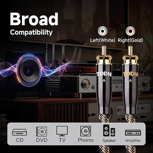 TODN HiFi RCA Audio Cable Audiophile RCA Cables for Car Audio with O-C-C Copper Core, Dual Shielded (10 ft/3m, 1 Pair)