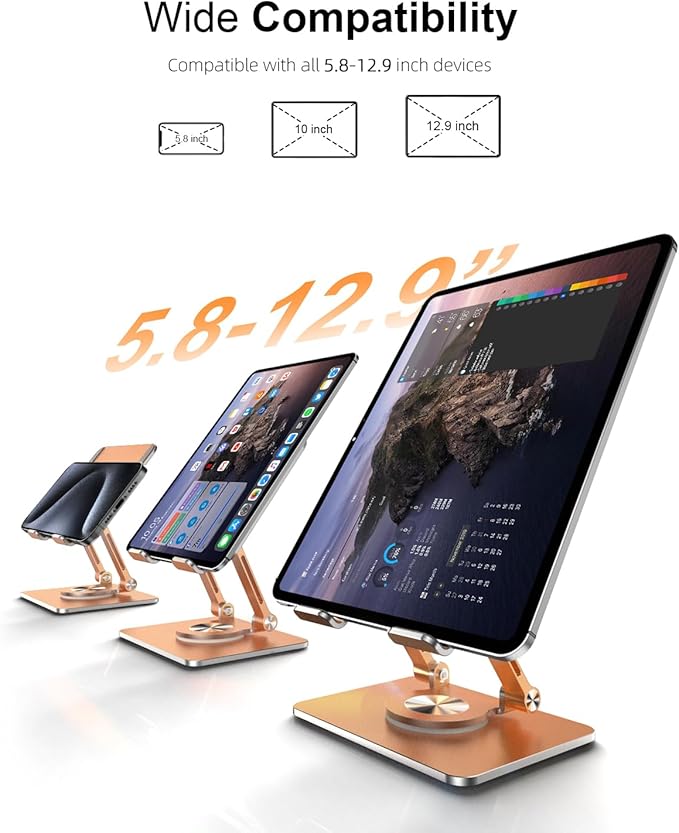 Tablet Stand Holder with Thickened 360°Rotating Base Dual Rod Adjustable Aluminum Stand for All 5.8-12.9” iPad Samsung Phone Tablet Kindle E-Reader and More, Gold
