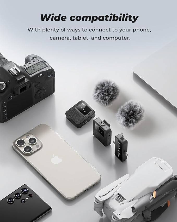 3-in-1 Mini Microphone for iPhone, Android, Camera - 328ft Long Range, 20H Battery Life, Wireless Microphones, Lapel Mic with AI Noise Reduction for Video Recording, YouTube, TikTok