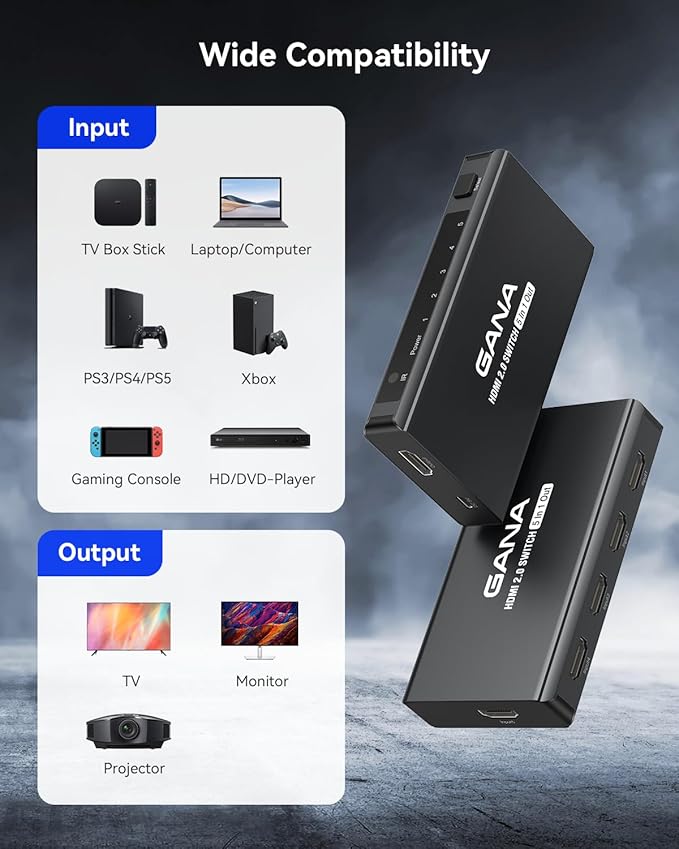 HDMI Switch 5 in 1 Out 4K@60Hz, GANA HDMI Splitter Switcher with Remote, Aluminum HDMI 2.0 Switch Box Hub for 3D, HDCP2.2, HDR, Compatible with Xbox, PS5/4/3,Fire Stick,Roku,Blu-Ray Player, Black