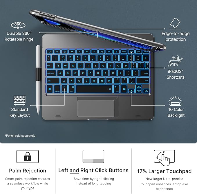 typecase Touch iPad 9th Generation Case with Keyboard (10.2", 2021), Multi-Touch Trackpad, 10 Color Backlight, 360° Rotatable, Thin & Light for iPad 8th Gen, 7th Gen, Air 3, Pro 10.5 (Space Gray)