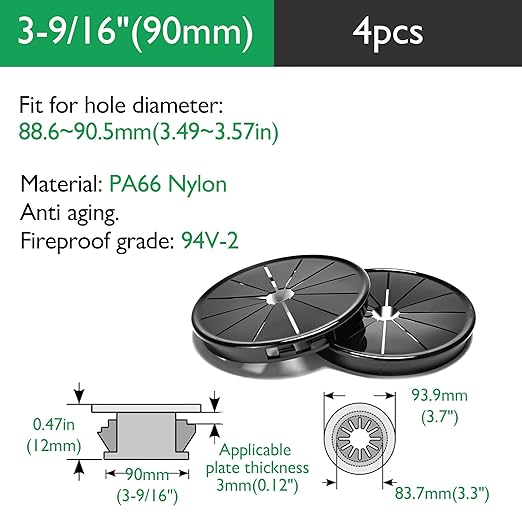 4PCS Cable Grommets, 3-9/16"(90mm) Desk Hole Cover Petal Shaped Buckle Type Nylon Snap Bushing Grommet, Wire Hole Cover Insert for Cables and Cords Management and Protection of Cabinet, Black