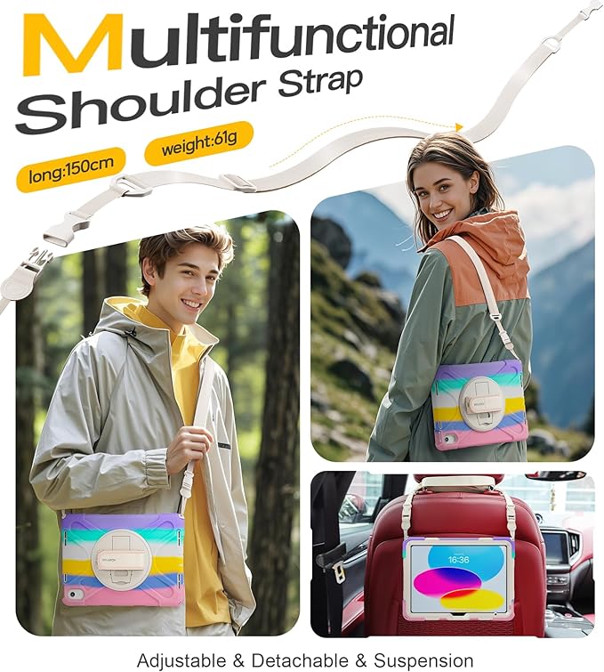 BRAECN for iPad (A16) 11th/10th Generation case 11/10.9 inch 2025/2022 Heavy Duty Shockproof Protective with Pencil Holder Screen Protector 360°Rotating Stand Handle & Shoulder Strap Full Body Cover