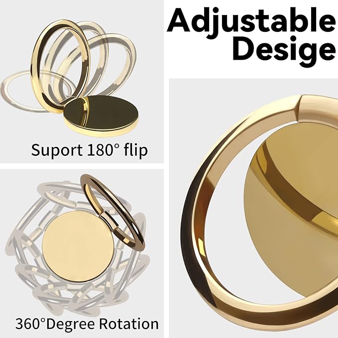 Metal Cell Phone Ring Holder Finger Ring Stand, 360 Degree Rotation Ring Kickstand Grip Holder for Magnetic Car Mount, Gold