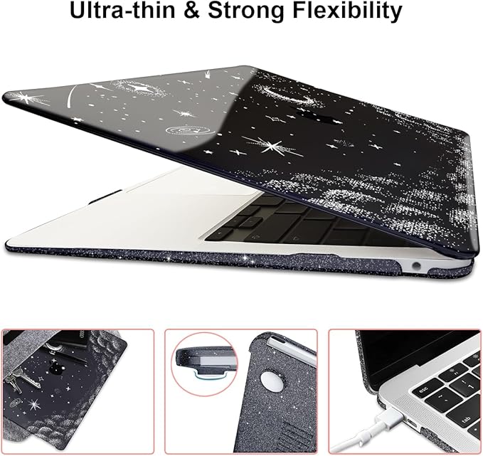 for MacBook Air 13 inch Case 2021 2020 2019 2018 Release M1 A2337 A2179 A1932, Glitter Crystal Black Pritned Pattern Plastic Hard Case Cover for Mac Air 13.3" M1 Touch ID, Stars & Moon