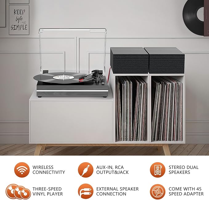 Vinyl Record Player with Dual Separate Stereo Speakers Vintage Turntable with BT Wireless Input Playback Belt Drive 3 Speed 3 Size Playback Record Player Support AUX Headphone Input RCA Out Auto Stop