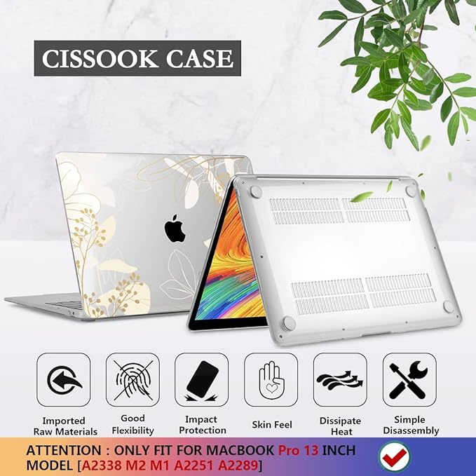 CISSOOK Compatible with M2 MacBook Pro 13 Inch Case 2025-2020 Release M1 M2 A2338 A2289 A2251, Plastic Hard Shell Case & Keyboard Cover for MacBook Pro 13 with Touch Bar, Golden Flowers