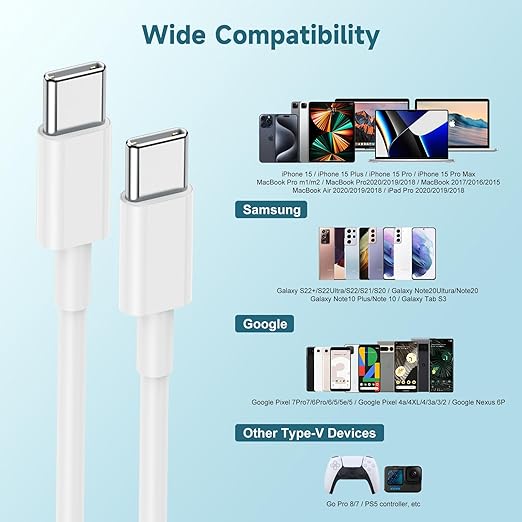 [3+6+10FT] 60W USB C to USB C Cable 3Pack iPhone 15 Fast Charging Cable,USB-C to USBC Power Cord for iPhone 15/15 Pro/15 Plus/15 Pro Max,MacBook Pro Air/IPad Air 4/5/iPad Pro 12.9/11(White)