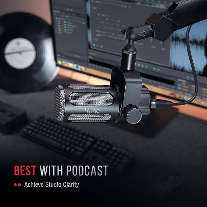 FIFINE XLR Dynamic Microphone, Studio Vocal Mic for Recording, All Metal XLR Podcast Microphone with Mid-Boost, Low-Cut Filter for Voice-Over, Compatible with Mixer/Audio Interface-AmpliTank TANK1