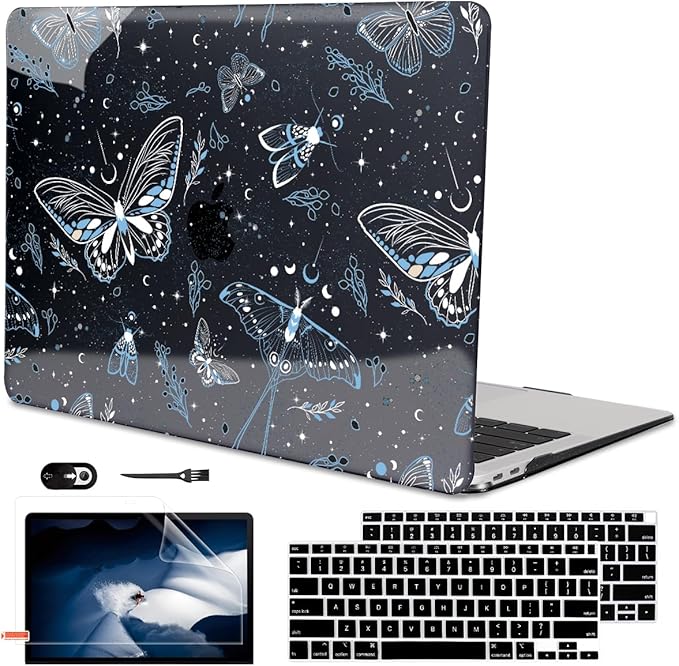 for MacBook Air 13 inch Case 2021 2020 2019 2018 Release M1 A2337 A2179 A1932, Glitter Black Pritned Pattern Hard Case Cover for Mac Air 13 M1 Retina Display with Touch ID, Butterfly Sky