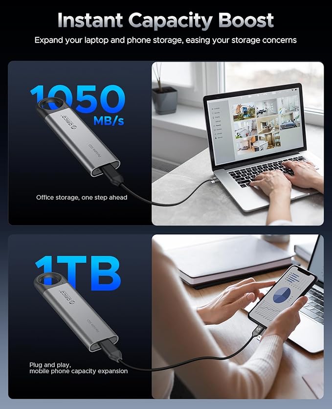 ORICO 1TB External SSD Up to 1050MB/s, Hanging Hole Design Portable Solid State Drive, USB C&A 2 in 1 Cable, Reliable Storage for Type-C Smartphone, Tablets, Laptops - C10