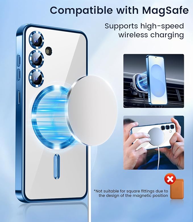 Slim Thin for Samsung Galaxy S25 Plus Case, Compatible with MagSafe, Built-in Camera Lens Protector, Shockproof Protective Phone Case, Soft Electroplated Clear Cover, Sapphire Blue