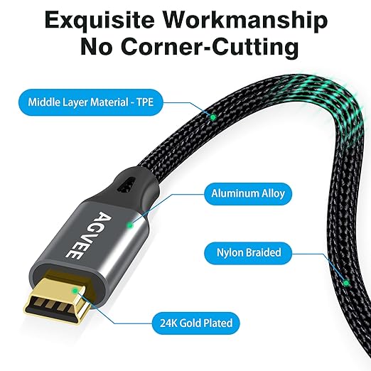 AGVEE 10ft Mini USB Cable, Braided Durable USB-A to Mini-B Charger Charging Cord for TI-84, Garmin GPS, Go-Pro Hero 4 3 2 HD, PS3 Controller, Canon Camera, Blue Yeti Microphone, Dark Gray