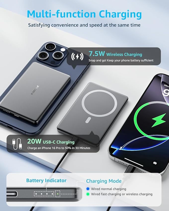 “Air” Power Bank for MagSafe 5000mAh, Ultra Slim Magnetic Wireless Portable Battery Charger Case with USB-C Cable, Compatible with iPhone 17/16/15/14/13/12 Series Only (Grey)