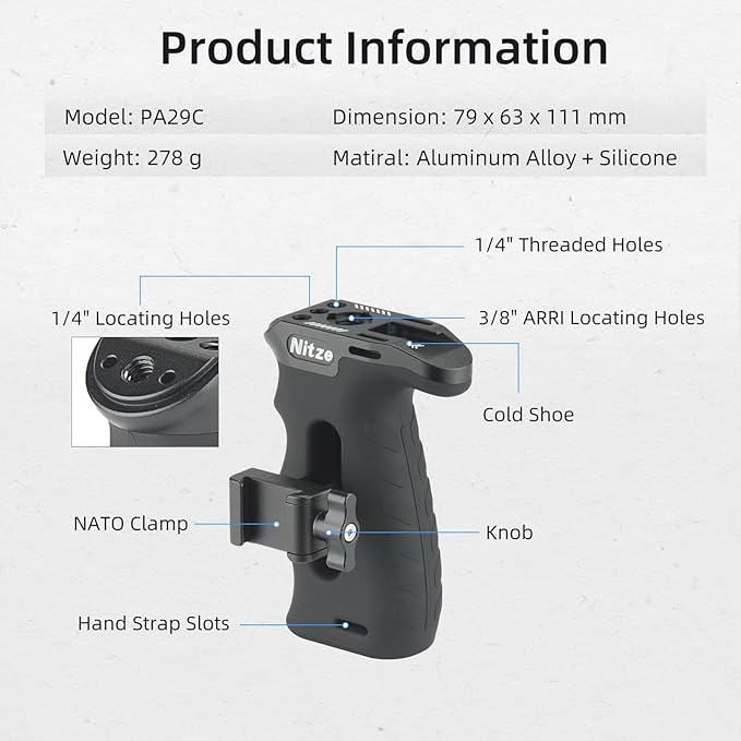 Nitze Ergonomic NATO Side Handle with NATO Calmp, Up/Down and Left/Right Adjustable, Rubberized Aluminum Camera Side Handle Camera/Monitor Cages - PA29C