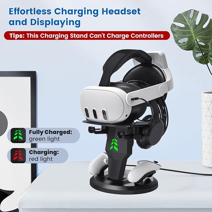 VR Headset Charging Dock for Meta Quest 3/Quest 3S/Quest 2, VR Charging Stand for Quest 3 Accessories VR Stand Supports Charging Headset with Type C Cable and fit Controller with Cover