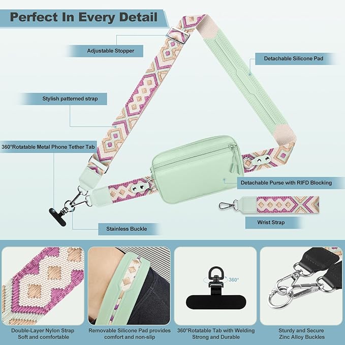 Clip and Go Strap for Phone with Wallet Crossbody, Adjustable Phone Lanyard with Detachable RFID Wristlet Wallet, Pattern Strap - Green (L)