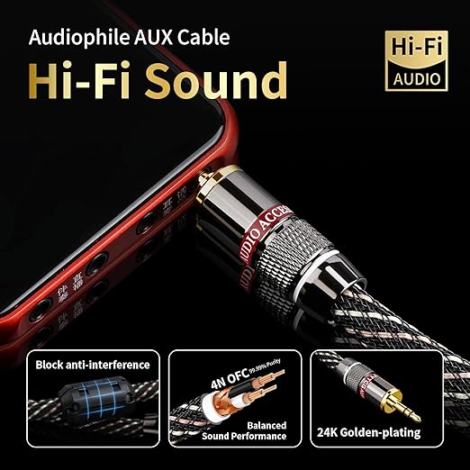 Audiophile HiFi Audio Cable–3.5mm to 3.5mm,6N OFC Core,24K Gold-Plated Plugs,with Nylon Braid,AUX Cable,Compatible with Phone,MP4,Speakers,Amplifiers,TV(9.84ft/3m)