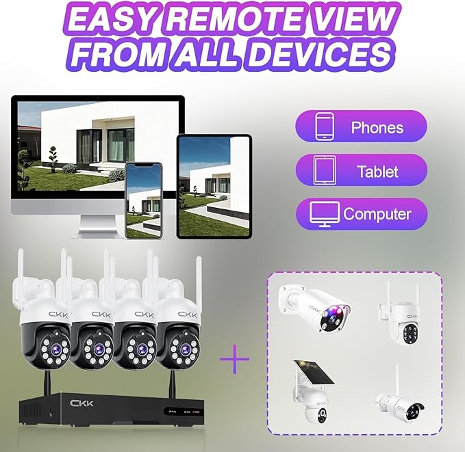 5MP PTZ Security System:CKK 4 PCS Wireless Cameras with 1TB HDD,10-Channel NVR,5G/2.4G WiFi, 2-Way Audio,4K Color Night Vision, Floodlights, Siren, AI Human Detection, Auto Tracking, 24/7 Surveillance