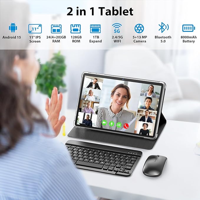 Android Tablet, 11 inch Android 15 Tablet with Keyboard, 24GB+128GB, 1TB Expand, 8000mAh, 5MP+13MP, 2.4G&5G WiFi, IPS Touch Screen, GMS Certified, 2 in 1 Tablets with Case, Mouse, Stylus(Black)